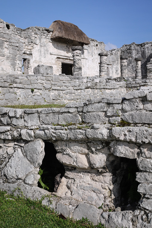 Руины, колонны и игуана в на камне